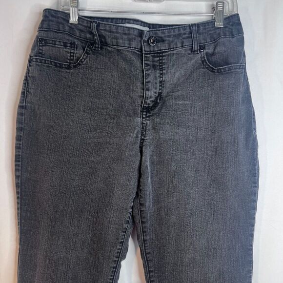 Chicos Platinum Denim Faded Black Ultimate Fit Barely Flare Leg Jeans 1.5 (10) - Picture 3 of 8